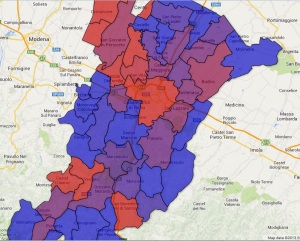 Nei comuni più in blu gli iscritti PD hanno scelto perlopiù Renzi, in quelli più in rosso Cuperlo. 
